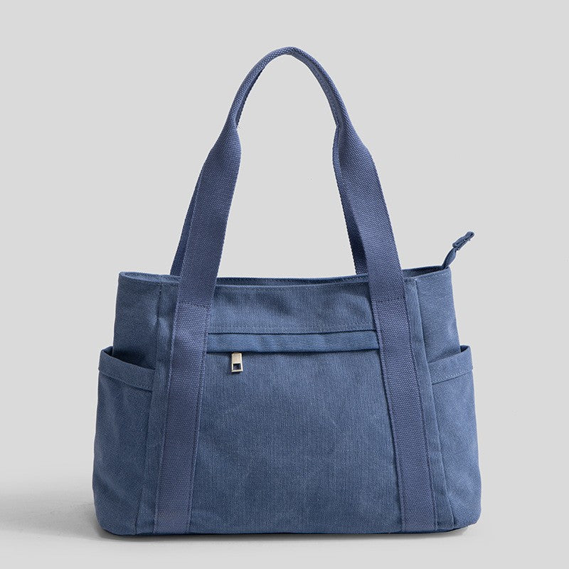 Utility Canvas Tote Bag with Side Pockets - Denim Blue