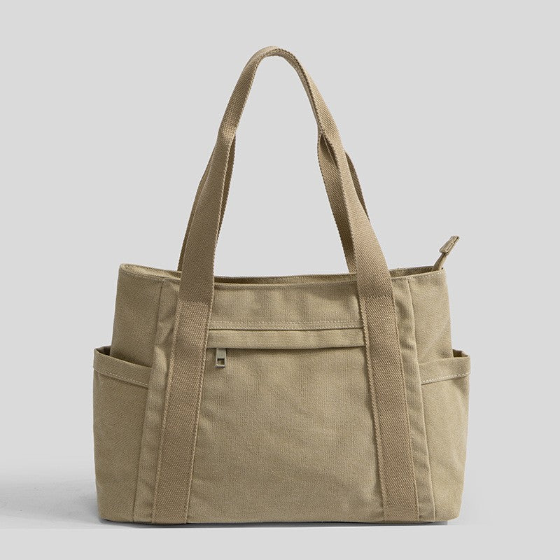Utility Canvas Tote Bag with Side Pockets - Khaki