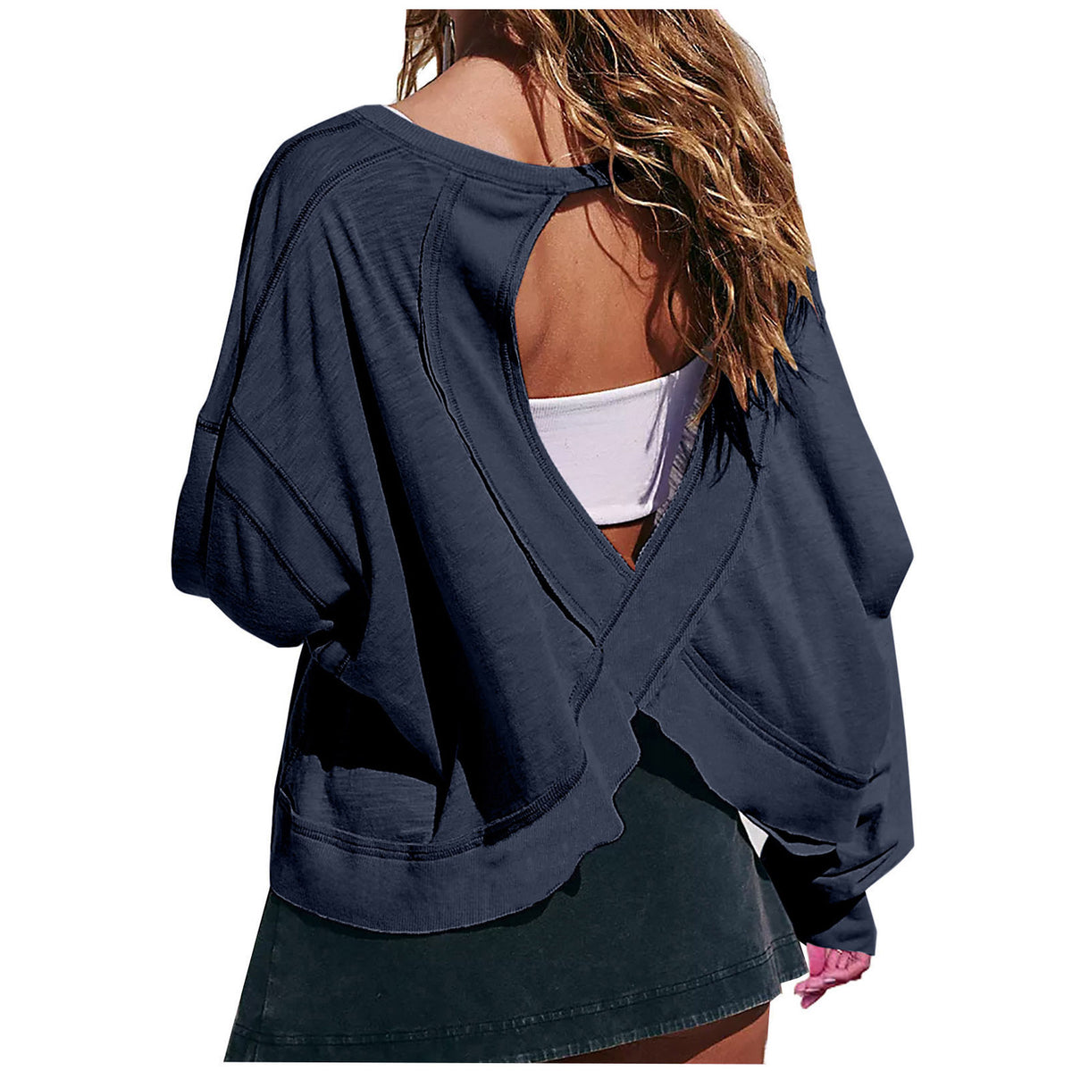 Cross Back Cutout Sweatshirt - Navy