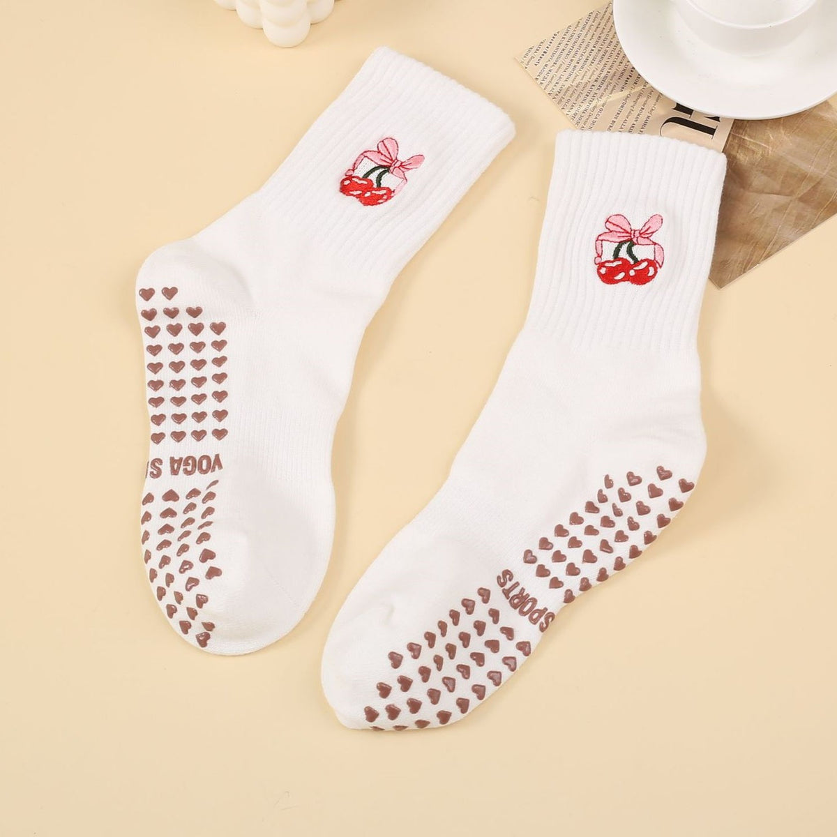 Cute Icon Embroidery Crew Grip Socks - Cherry