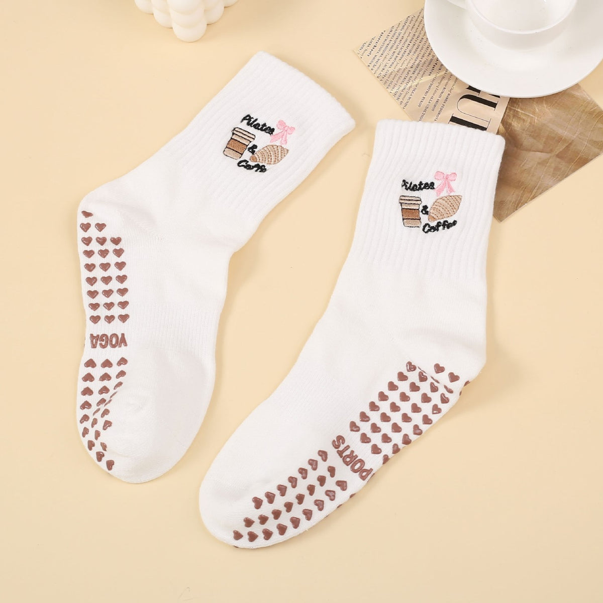Cute Icon Embroidery Crew Grip Socks - Croissant