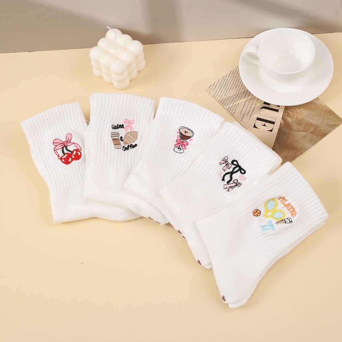Cute Icon Embroidery Crew Grip Socks - Racket - 2