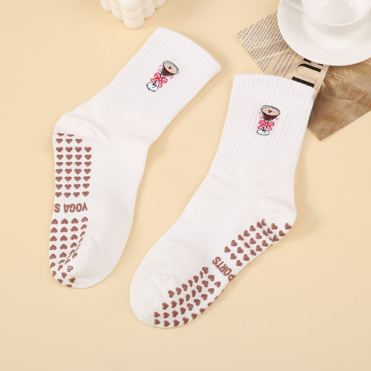 Cute Icon Embroidery Crew Grip Socks - WineGlass