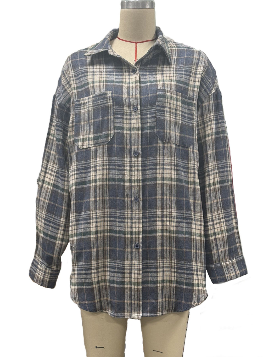 Longline Plaid Button Down Flannel Shirt - Blue - 1
