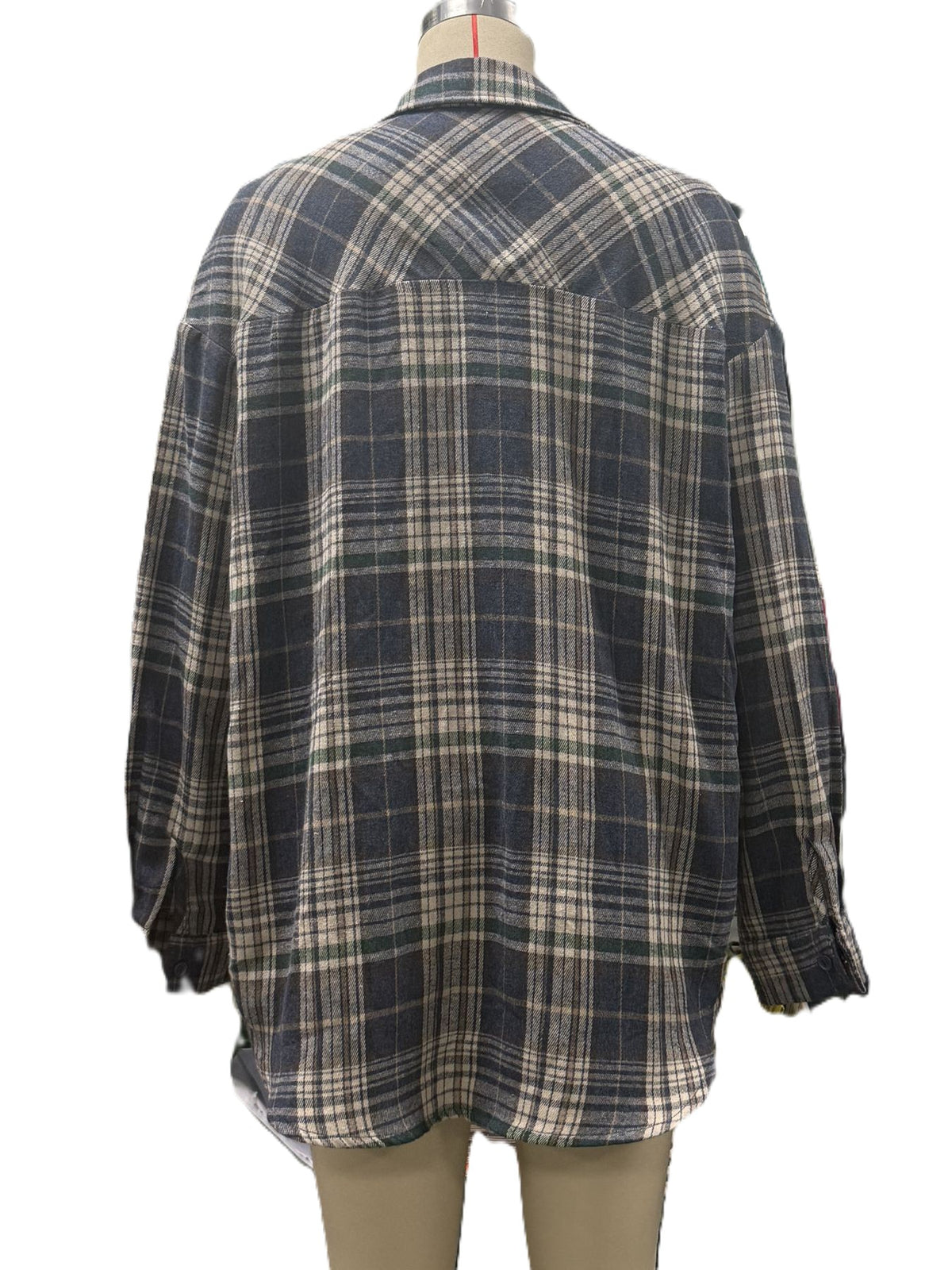 Longline Plaid Button Down Flannel Shirt - Blue - 2