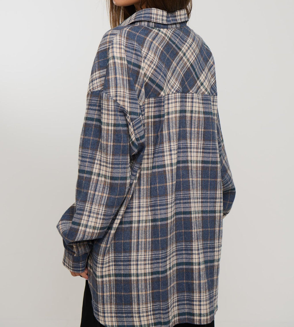 Longline Plaid Button Down Flannel Shirt - Blue - 5