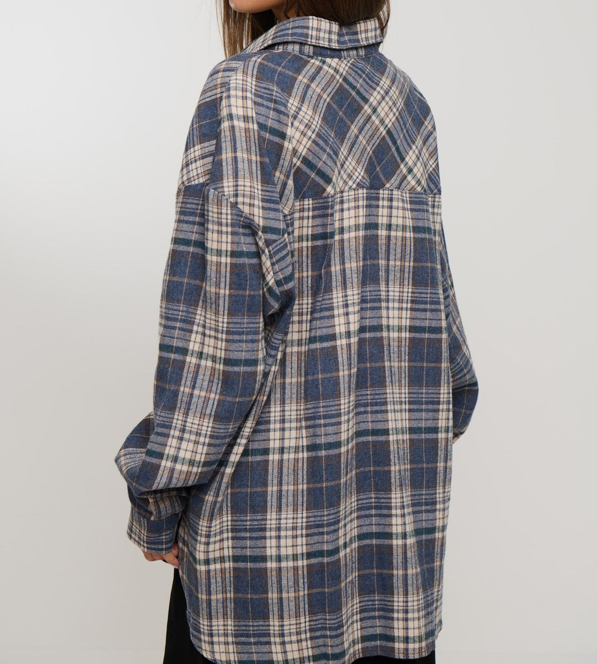 Longline Plaid Button Down Flannel Shirt - Blue - 5