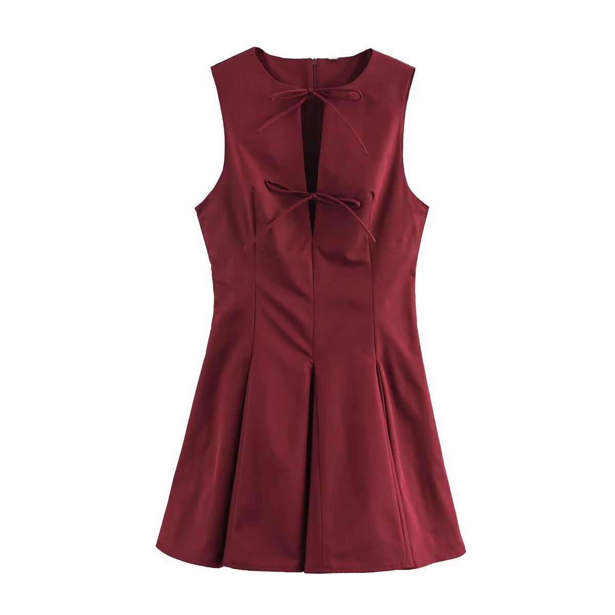 Bow Keyhole Sleeveless Pleated Mini Dress