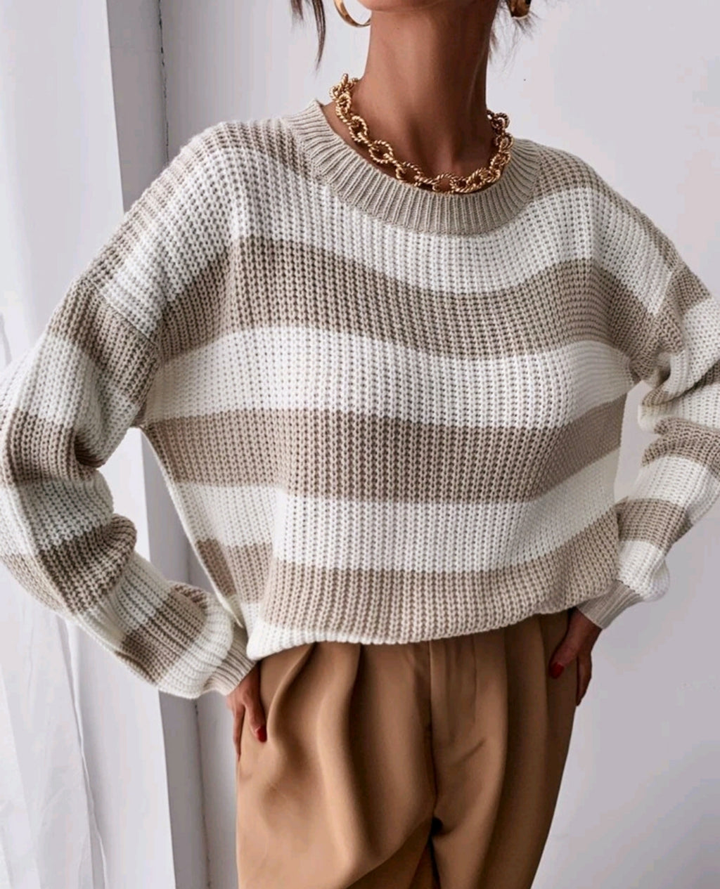 Wide Stripe Oversized Round Neck Sweater - Apricot