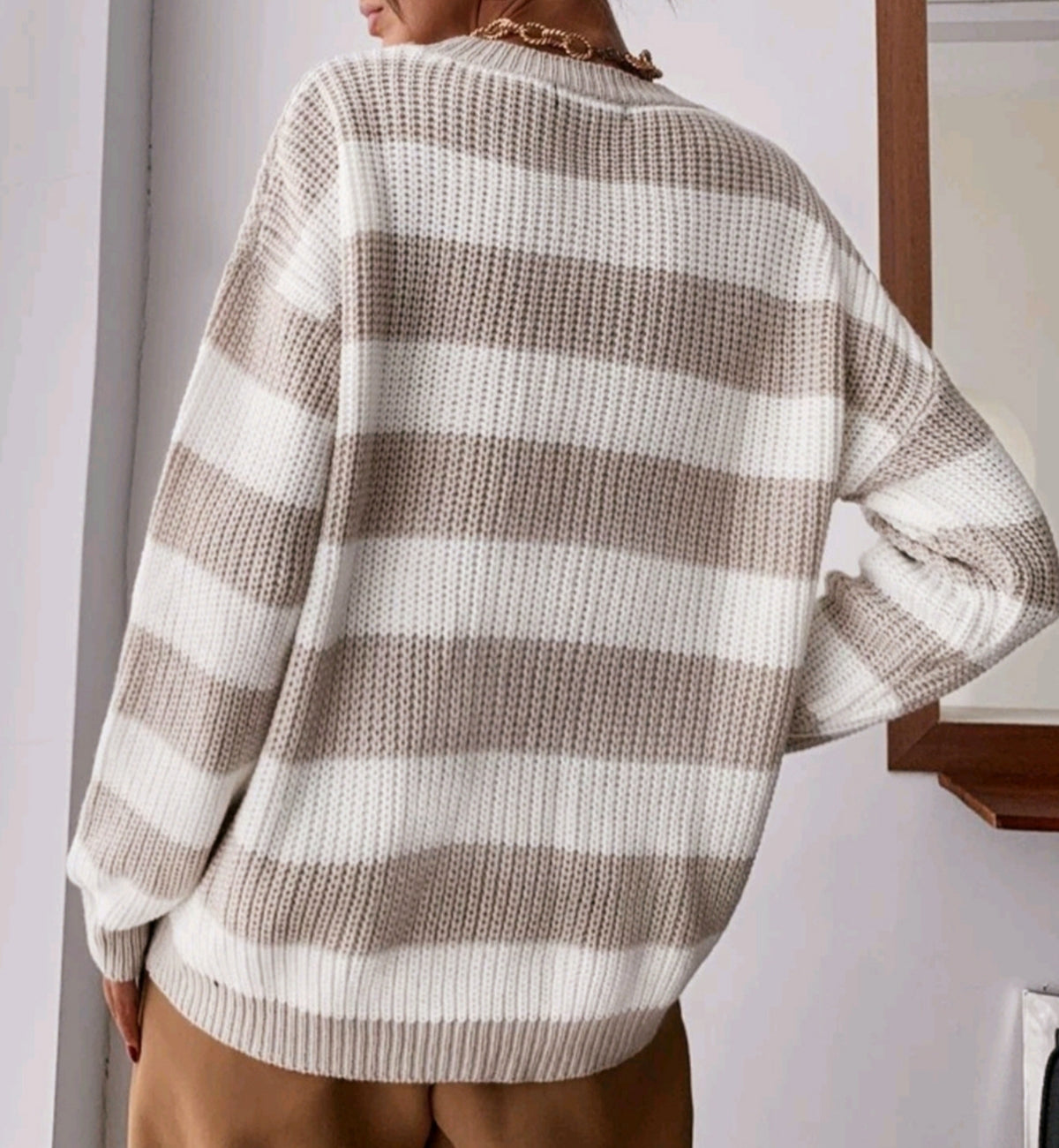Wide Stripe Oversized Round Neck Sweater - Apricot - 1