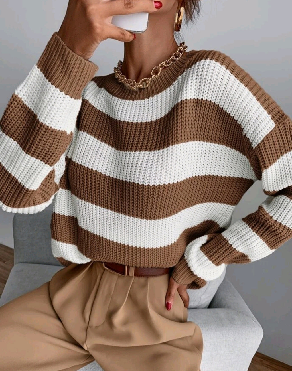 Wide Stripe Oversized Round Neck Sweater - Curry