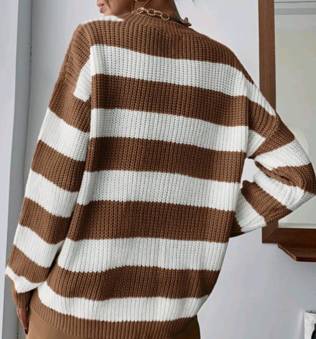 Wide Stripe Oversized Round Neck Sweater - Curry - 1