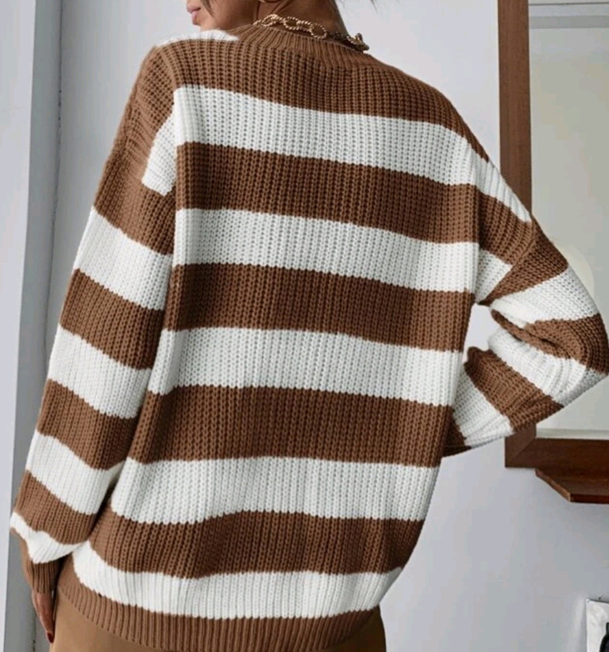 Wide Stripe Oversized Round Neck Sweater - Curry - 1