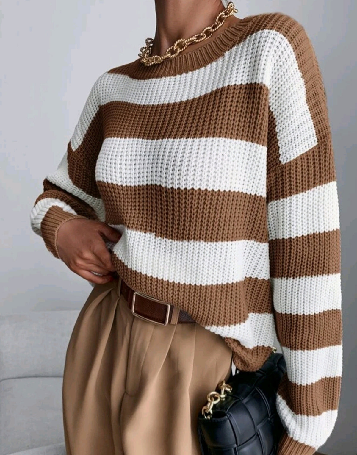 Wide Stripe Oversized Round Neck Sweater - Curry - 2