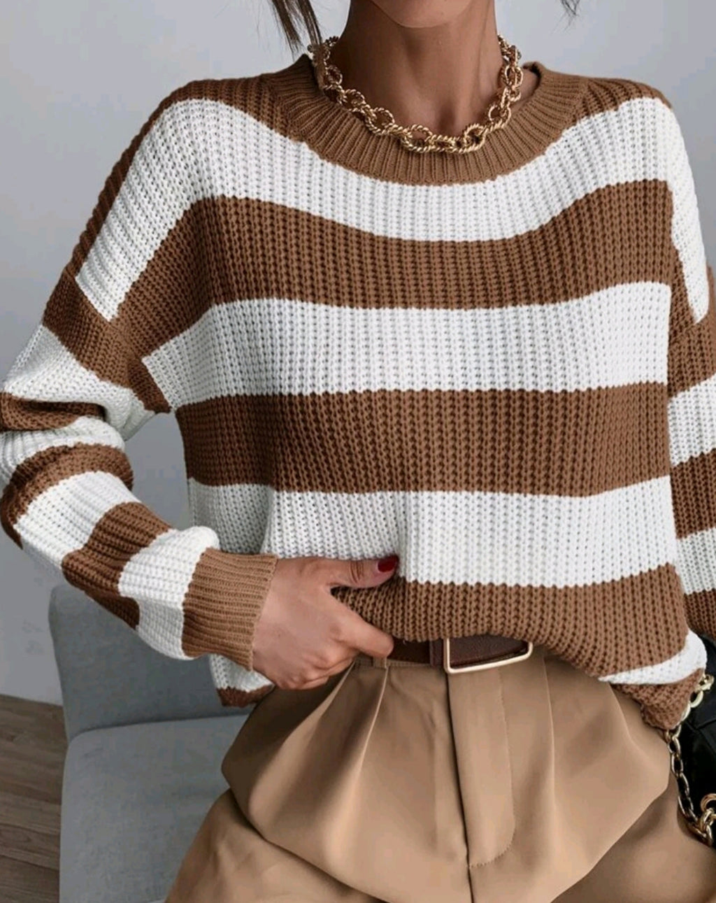 Wide Stripe Oversized Round Neck Sweater - Curry - 3