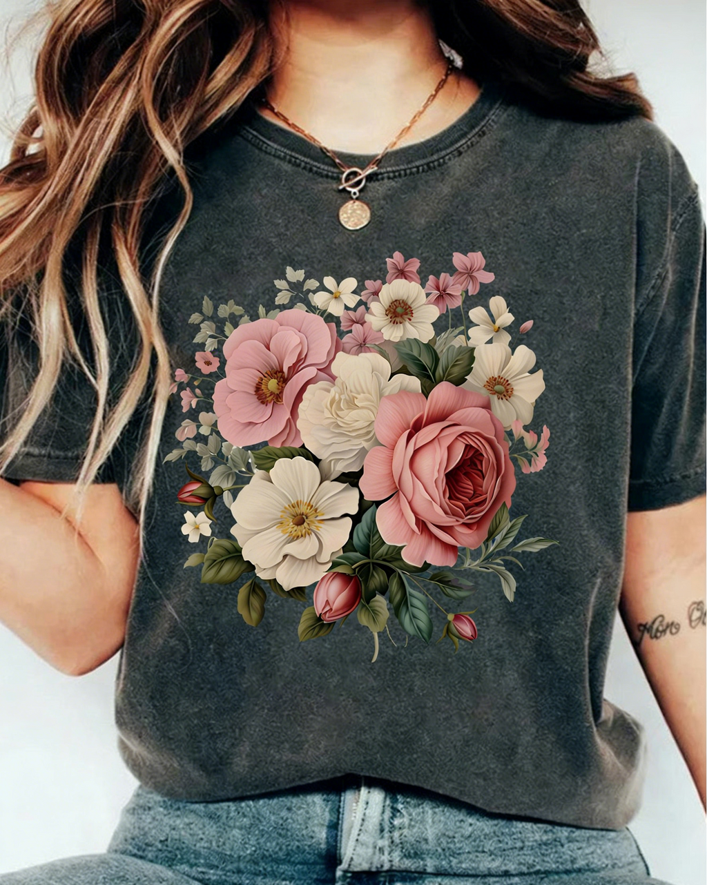 Boho Floral Bouquet Washed Cotton T-Shirt - Black