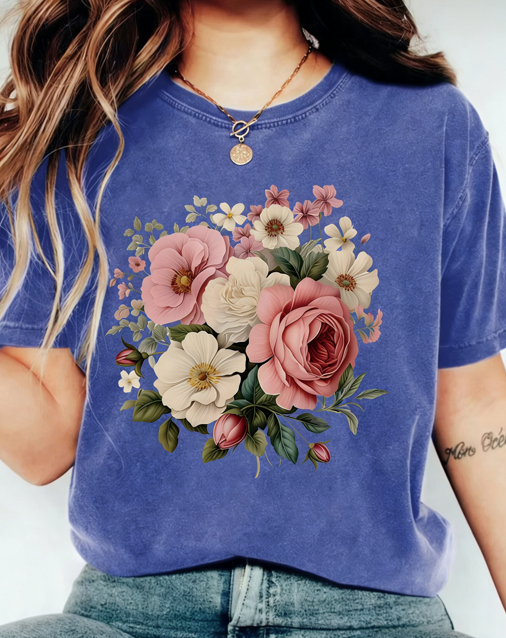 Boho Floral Bouquet Washed Cotton T-Shirt - Blue