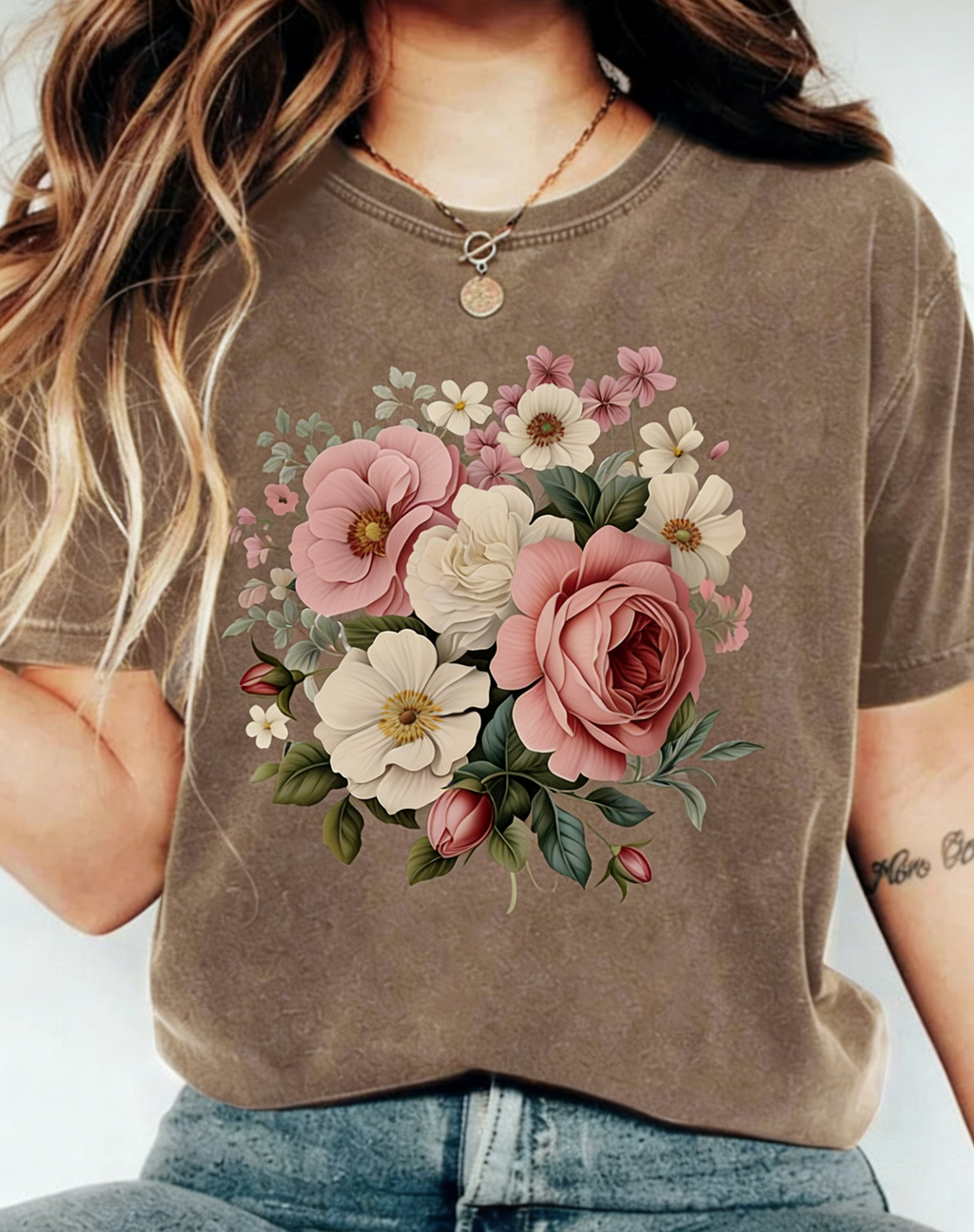 Boho Floral Bouquet Washed Cotton T-Shirt - Coffee