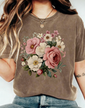 Boho Floral Bouquet Washed Cotton T-Shirt - Coffee
