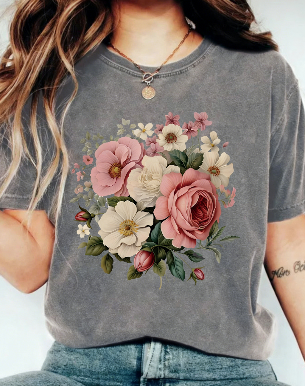 Boho Floral Bouquet Washed Cotton T-Shirt - Darkgrey