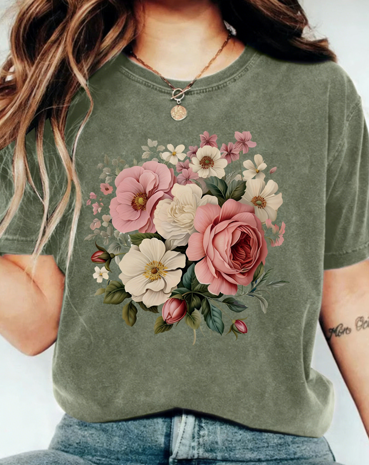 Boho Floral Bouquet Washed Cotton T-Shirt - Green