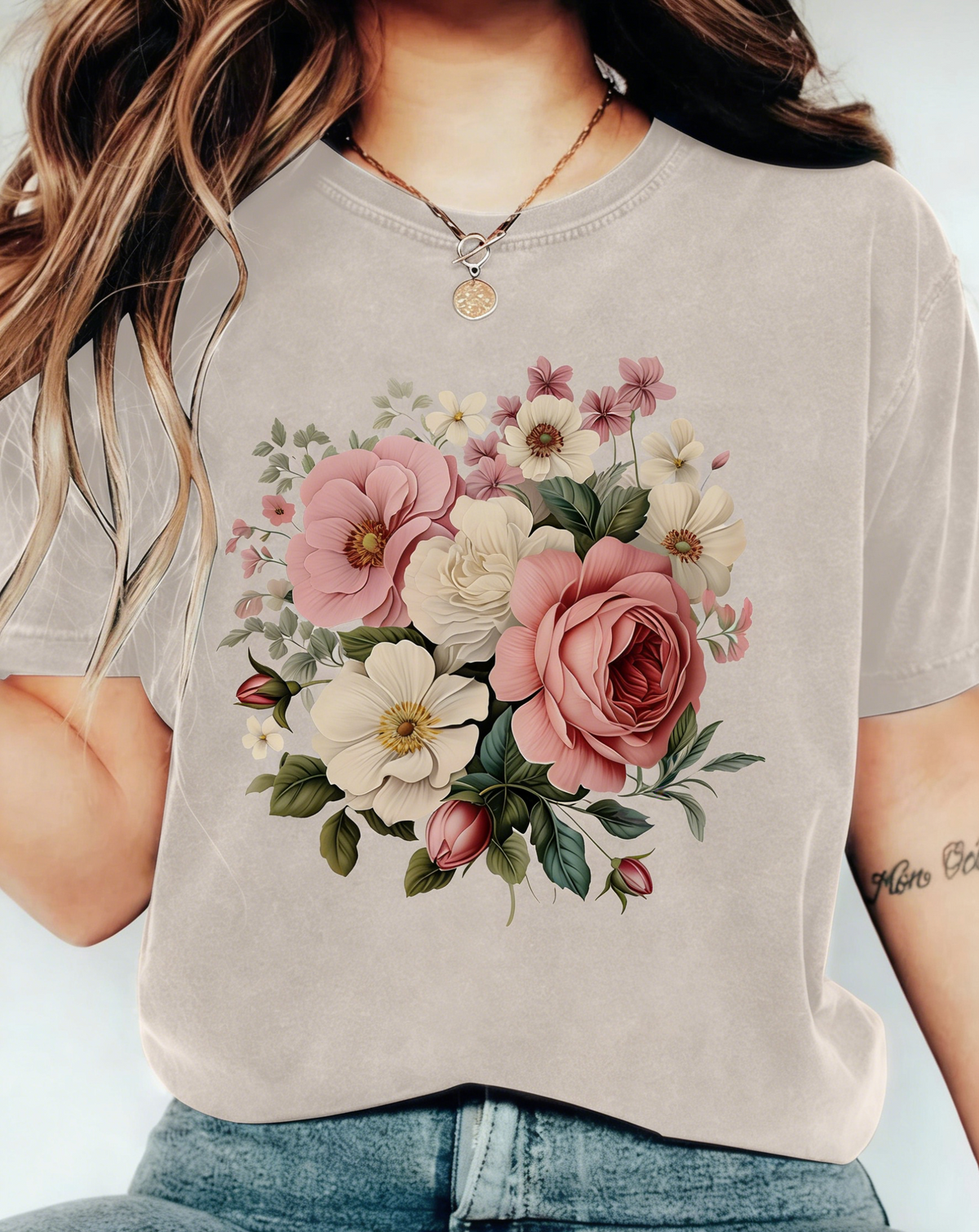 Boho Floral Bouquet Washed Cotton T-Shirt - Khaki