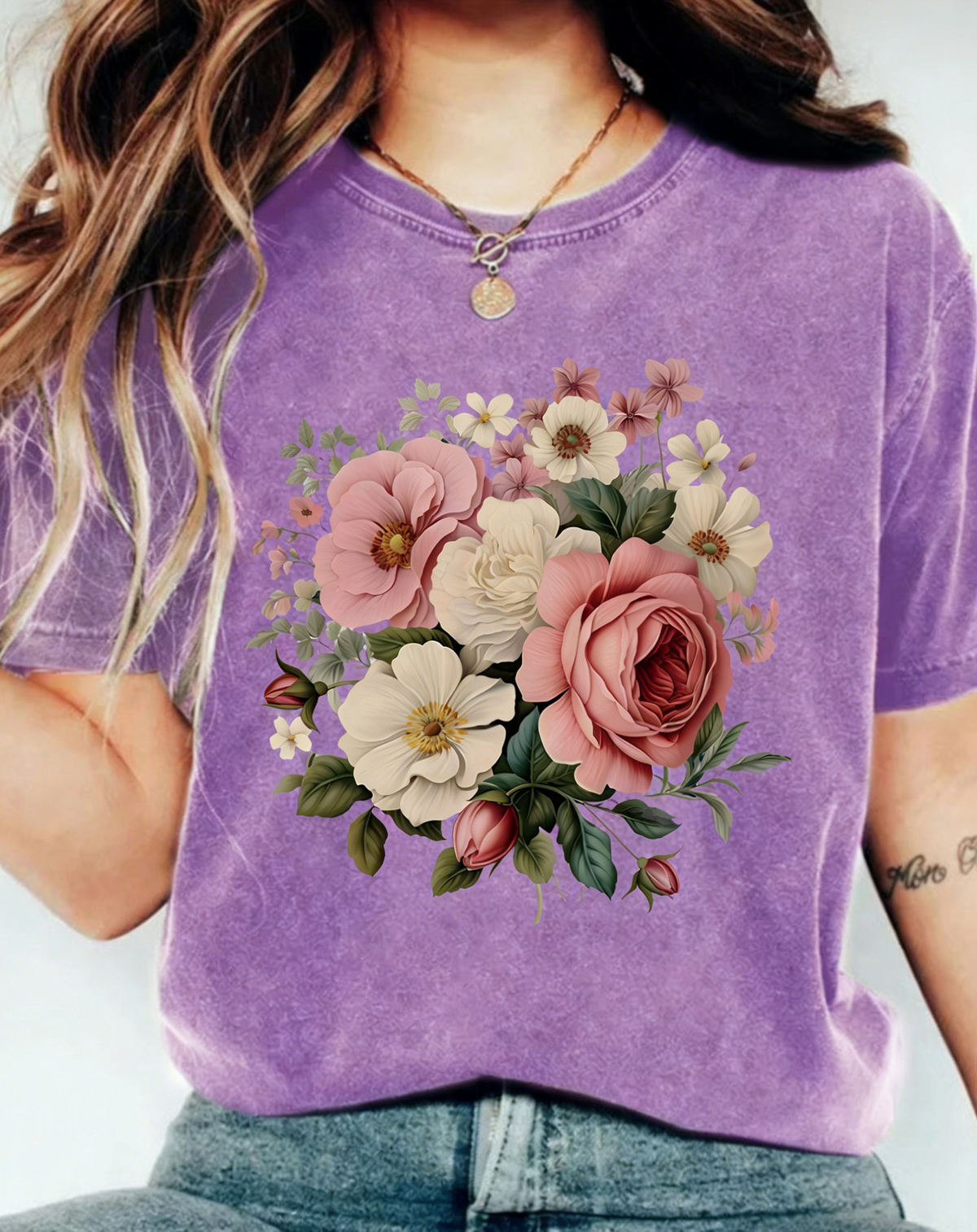 Boho Floral Bouquet Washed Cotton T-Shirt - Purple