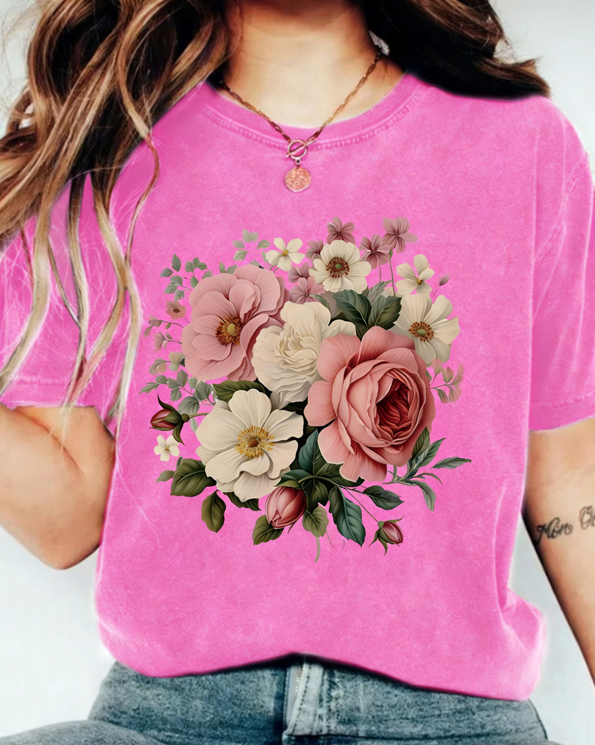 Boho Floral Bouquet Washed Cotton T-Shirt - Rosered