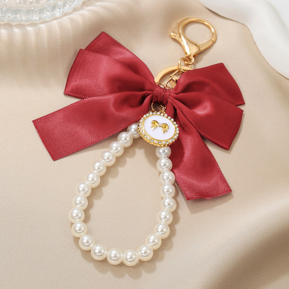 Pearl Beaded Satin Bow Keychain Bag Charm - Red