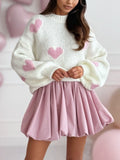 Heart Intarsia Balloon Sleeve Knit Sweater - White