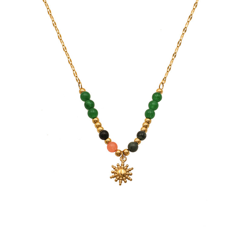 Sun Charm Beaded Station Necklace - Gold