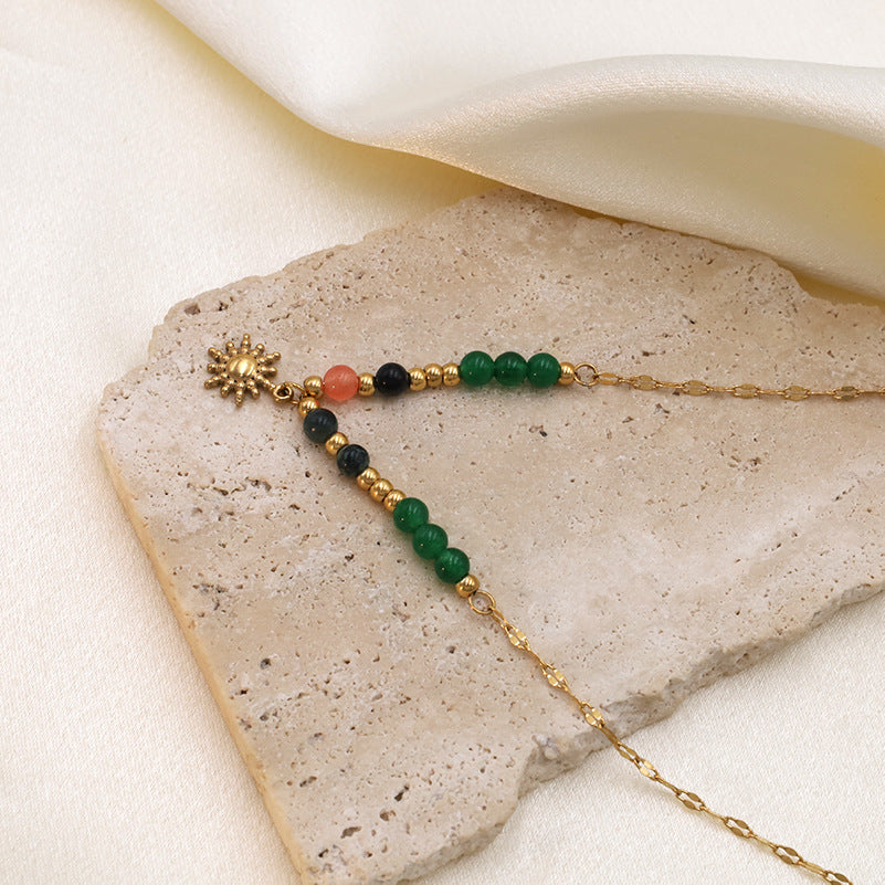 Sun Charm Beaded Station Necklace - Gold - 1