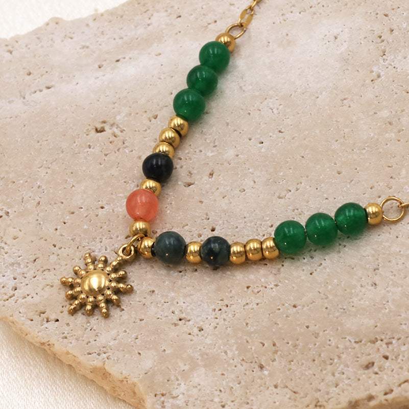 Sun Charm Beaded Station Necklace - Gold - 2