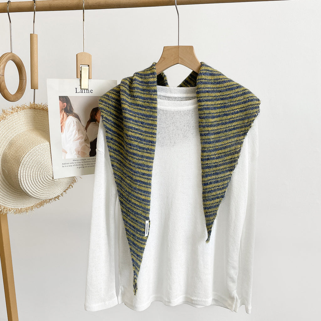 Fine Stripe Knit Triangle Bandana Scarf - Blue