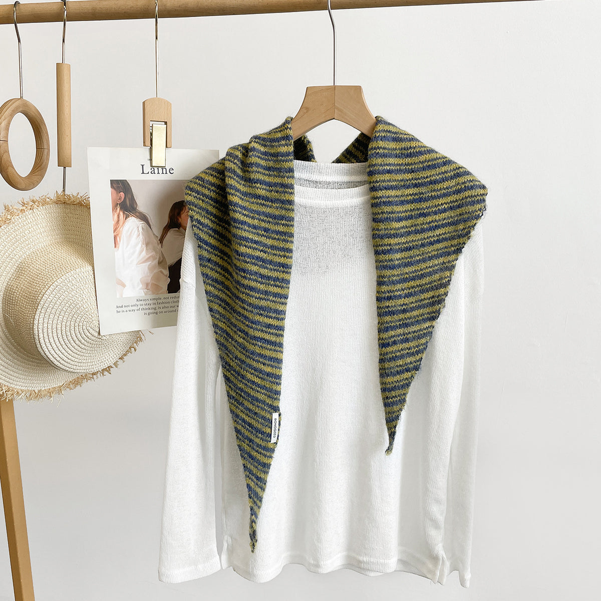 Fine Stripe Knit Triangle Bandana Scarf - Blue
