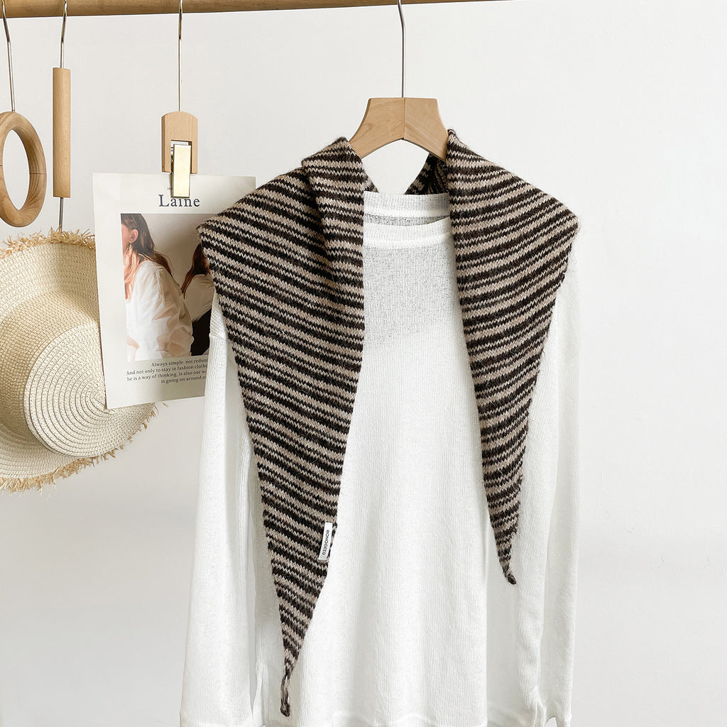 Fine Stripe Knit Triangle Bandana Scarf - Coffee