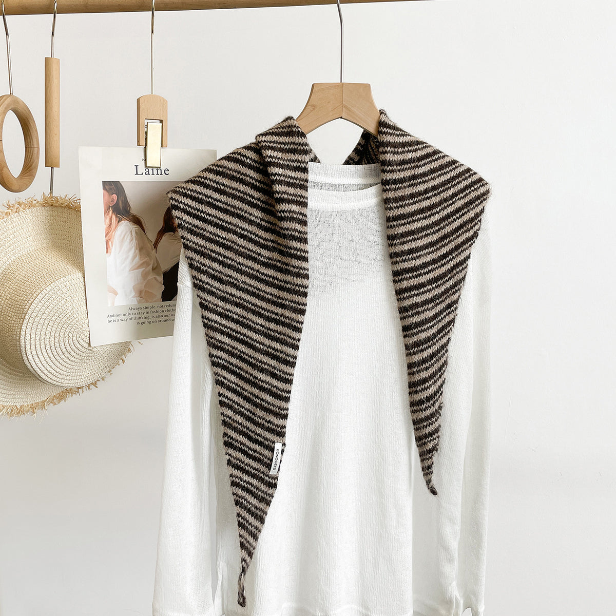 Fine Stripe Knit Triangle Bandana Scarf - Coffee