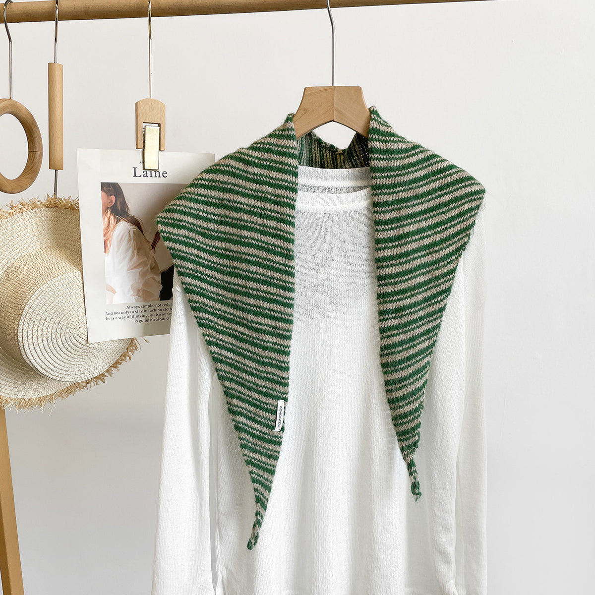 Fine Stripe Knit Triangle Bandana Scarf - Green