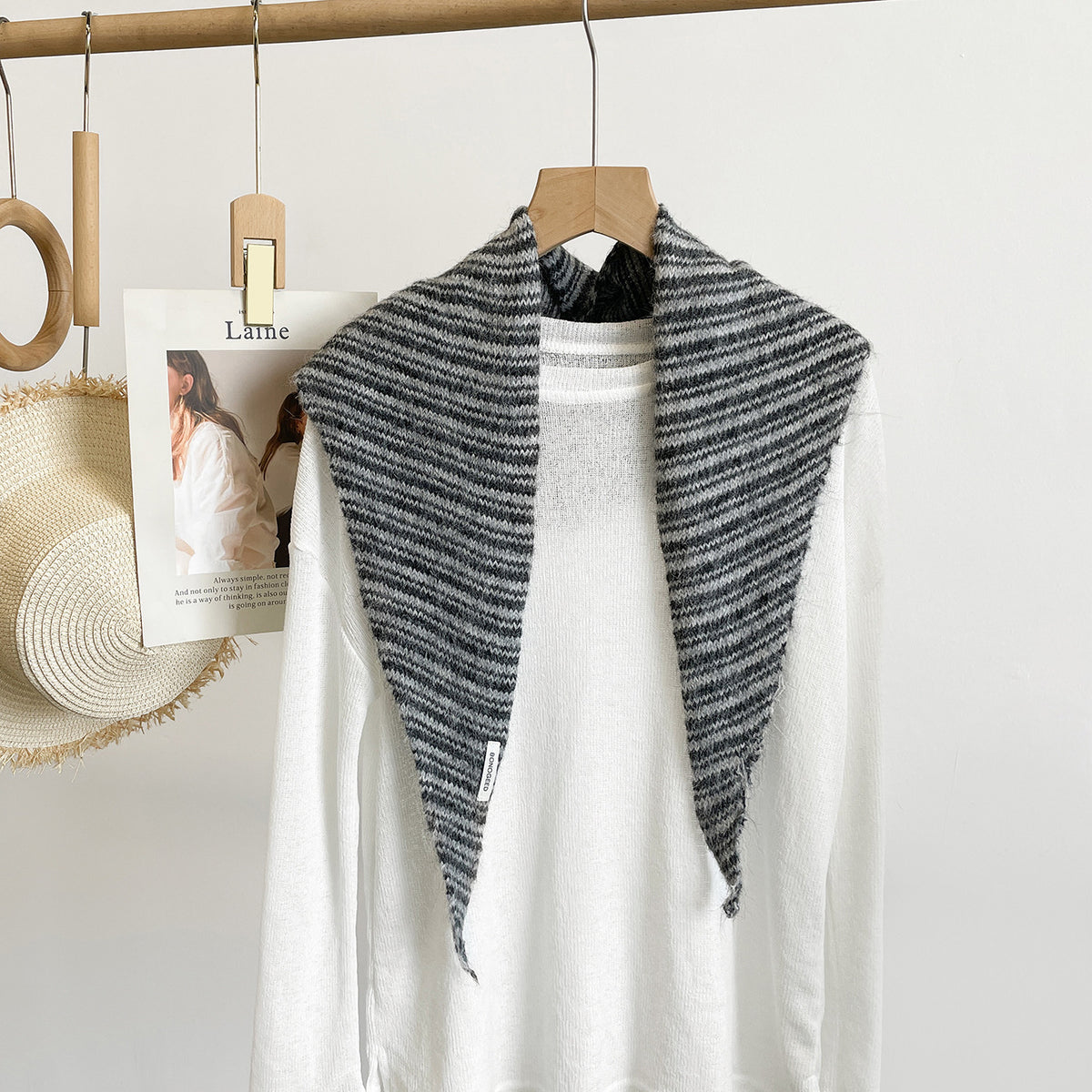 Fine Stripe Knit Triangle Bandana Scarf - Grey