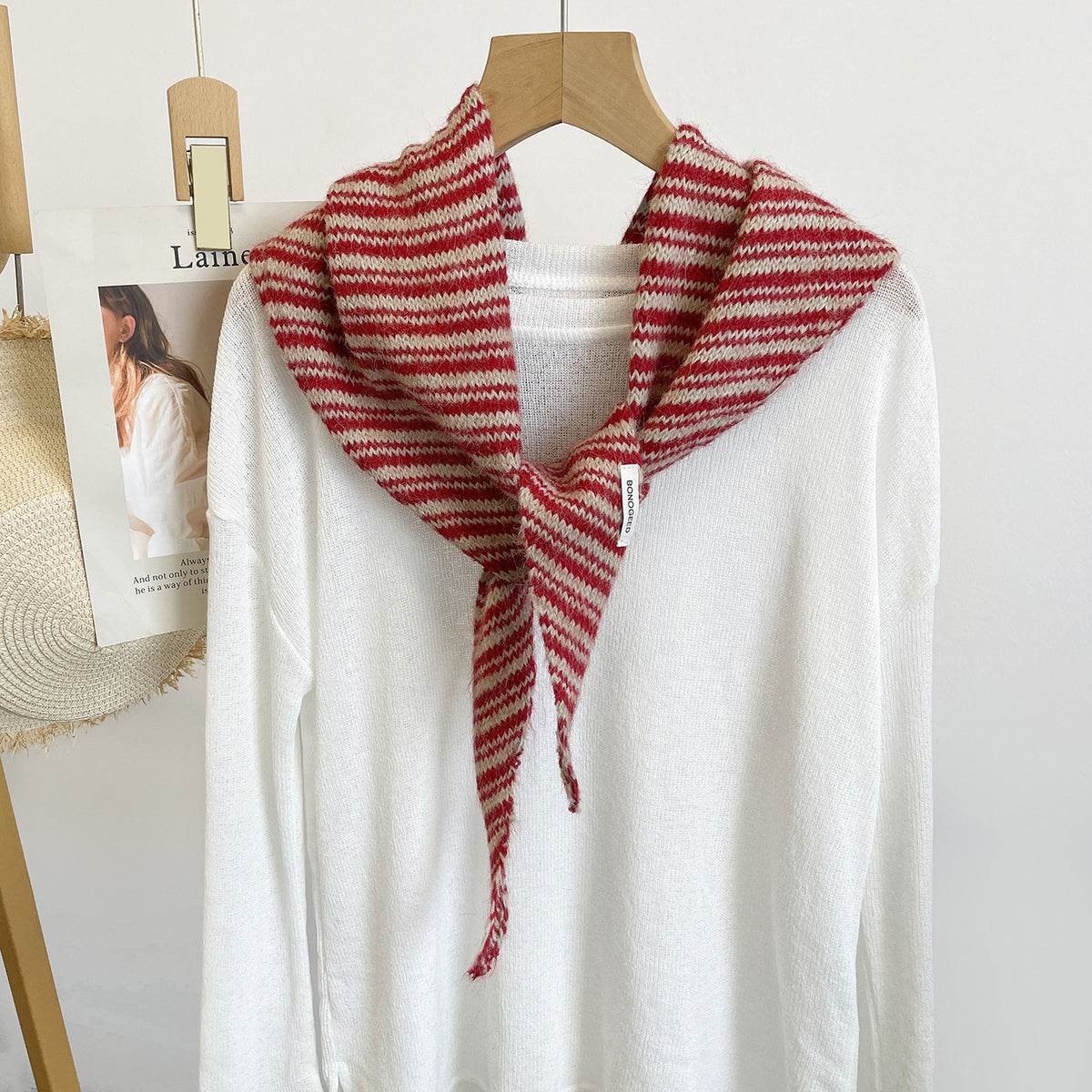 Fine Stripe Knit Triangle Bandana Scarf - Red