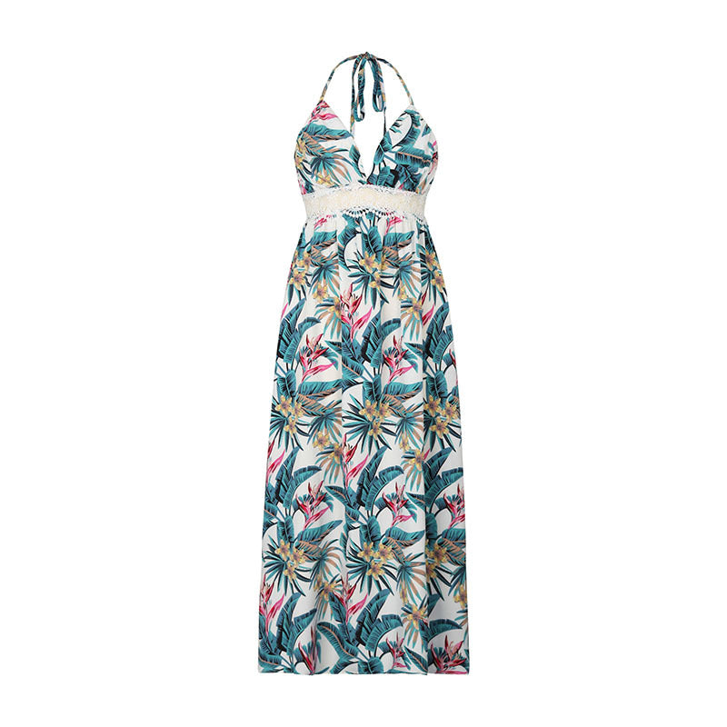 Tropical Print Halter Neck Maxi Dress - White