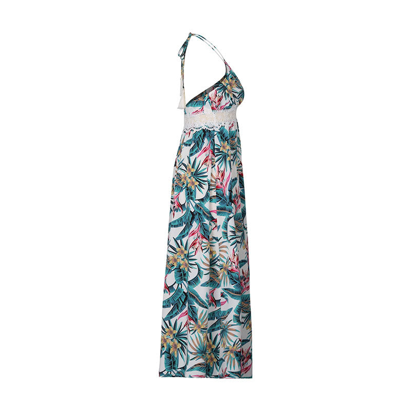 Tropical Print Halter Neck Maxi Dress - White - 1