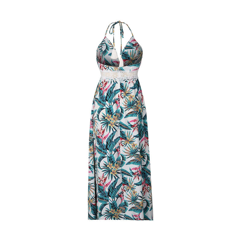 Tropical Print Halter Neck Maxi Dress - White - 2
