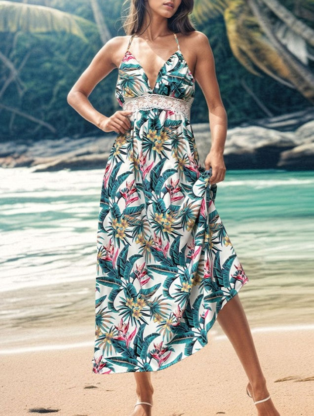 Tropical Print Halter Neck Maxi Dress - White - 4
