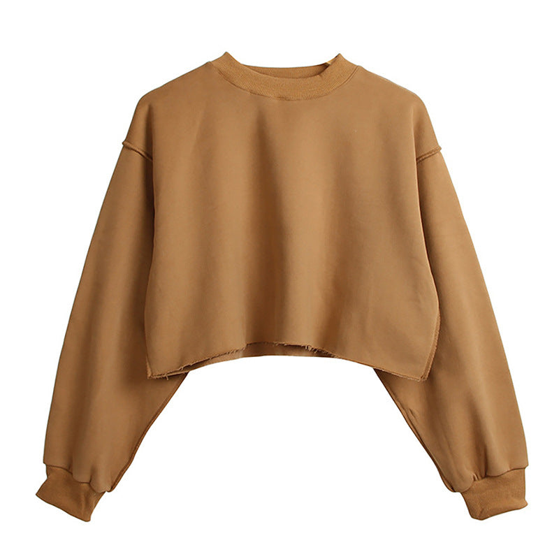 Raw Hem Cropped Fleece Sweatshirt - Biscuit