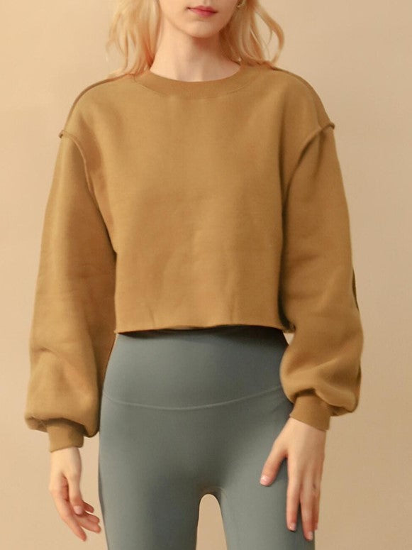 Raw Hem Cropped Fleece Sweatshirt - Biscuit - 1