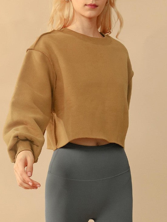 Raw Hem Cropped Fleece Sweatshirt - Biscuit - 2