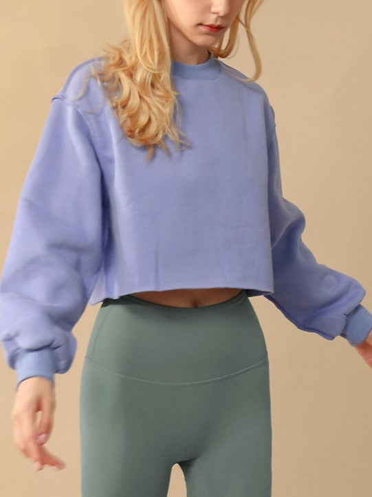 Raw Hem Cropped Fleece Sweatshirt - Blue - 1