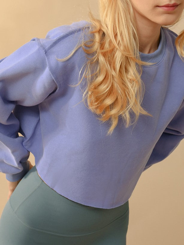 Raw Hem Cropped Fleece Sweatshirt - Blue - 3