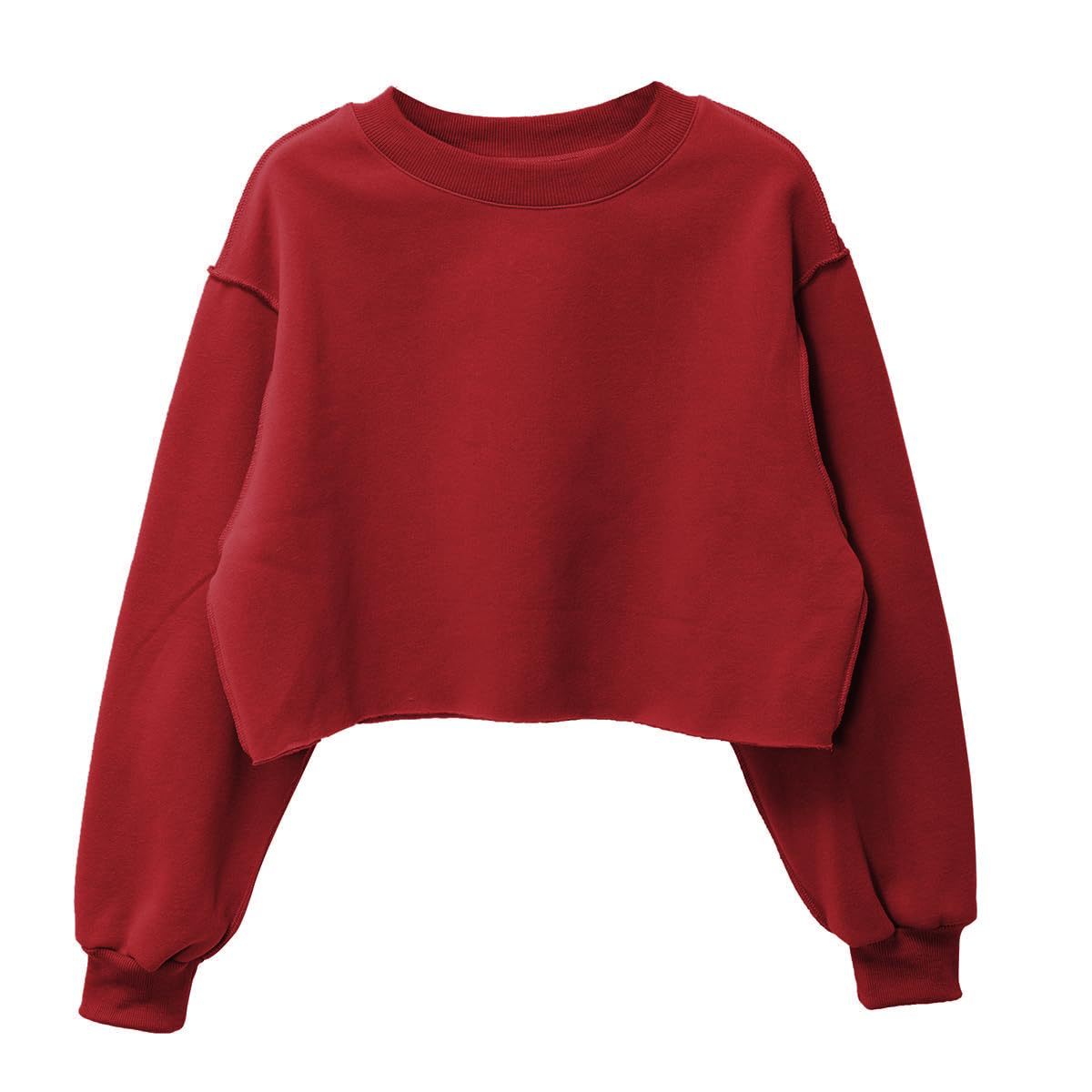 Raw Hem Cropped Fleece Sweatshirt - Red - 1